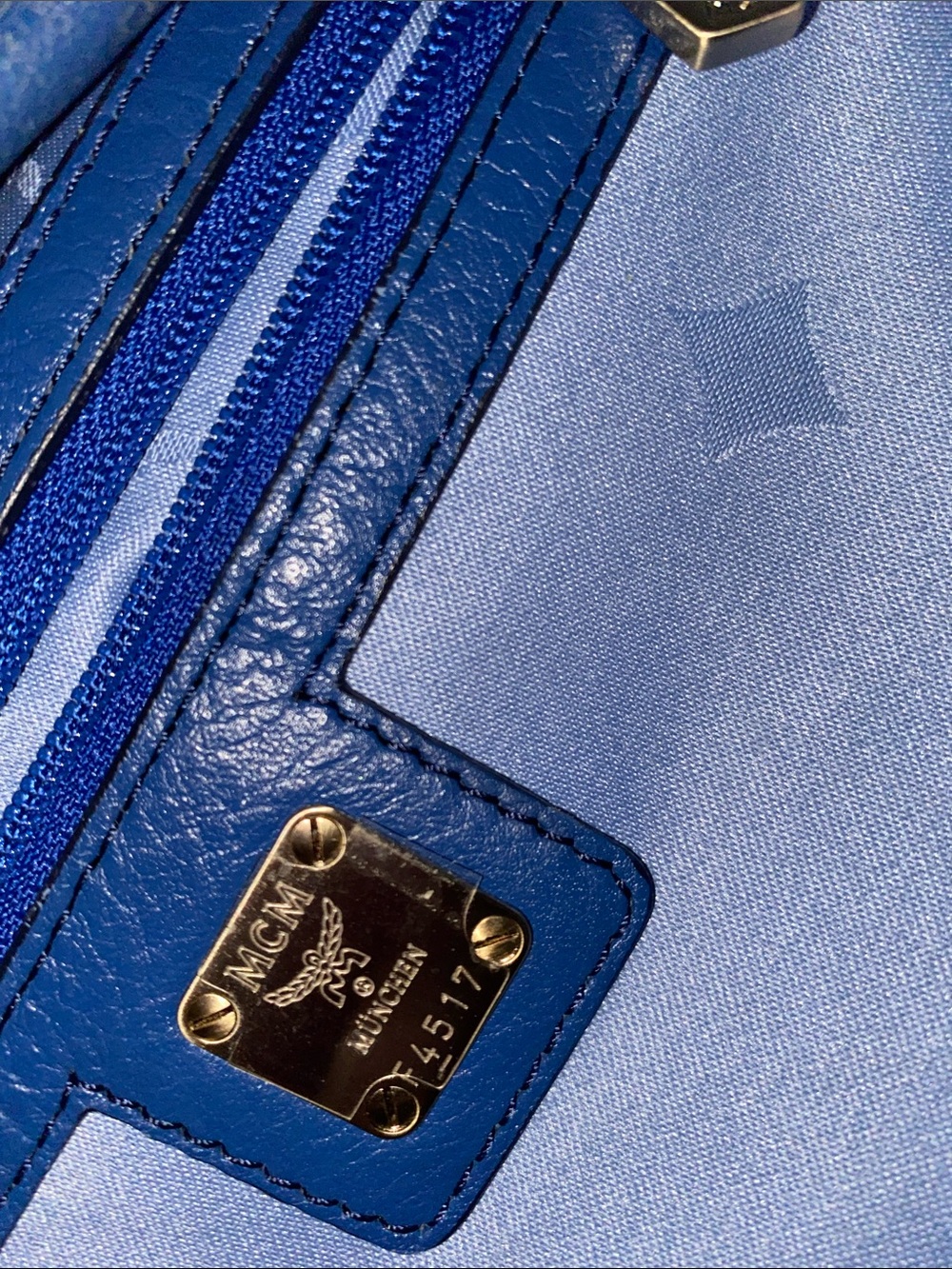MCM Visetos Logogramme Blue Leather Satchel with Tan Handles and Gold Hardware - Picture 7 of 14